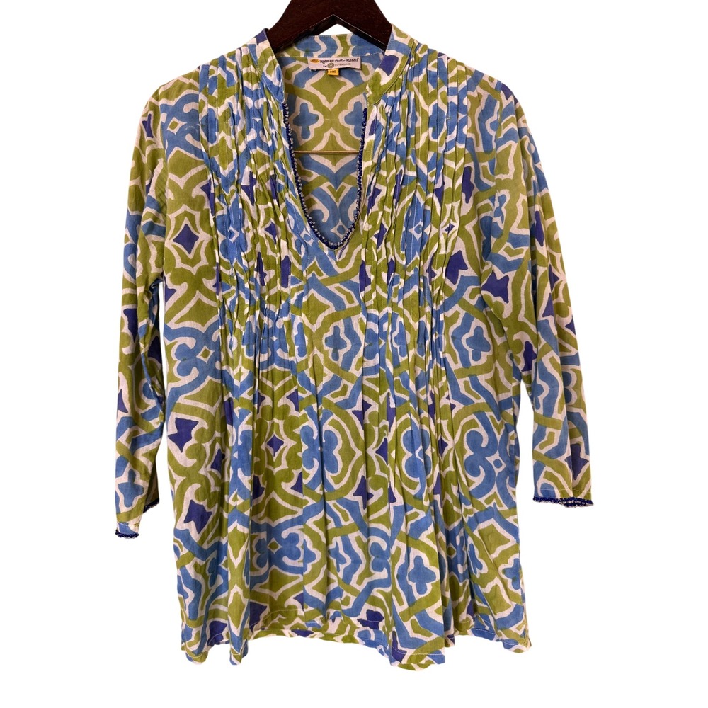Roberta Roller Rabbit Piperlime Blue Green Geometric‎ Cotton Pintuck Tunic XS